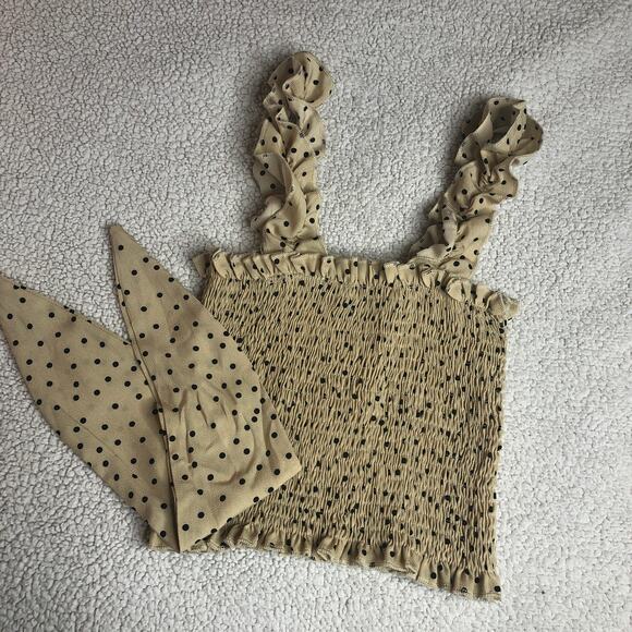 Polka dot ruffle smocked self tie crop sleeveless tank top blouse S - Picture 3 of 4